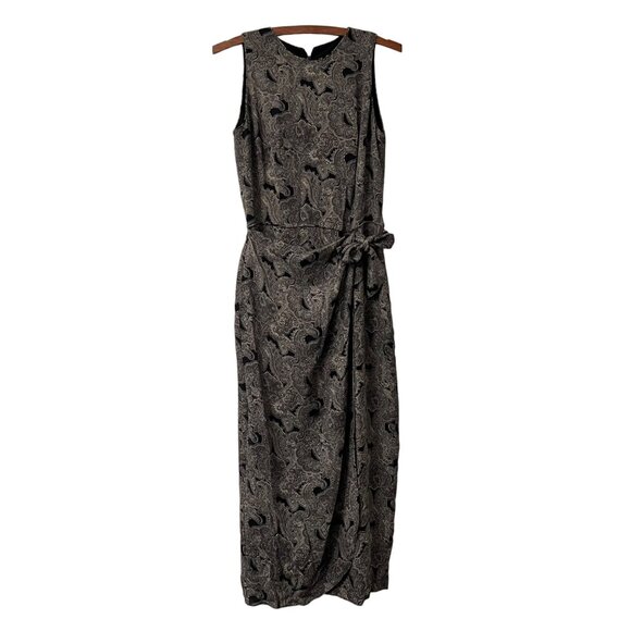 VTG Patrick Collection 90s Paisley Silk Black Faux Wrap Sleeveless Midi Dress 4 - Picture 1 of 6